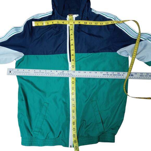 Unisex Windbreaker Color Block🔵🟢 🤍Hoodie Medium Blue Turquoise Flaws - Picture 8 of 14